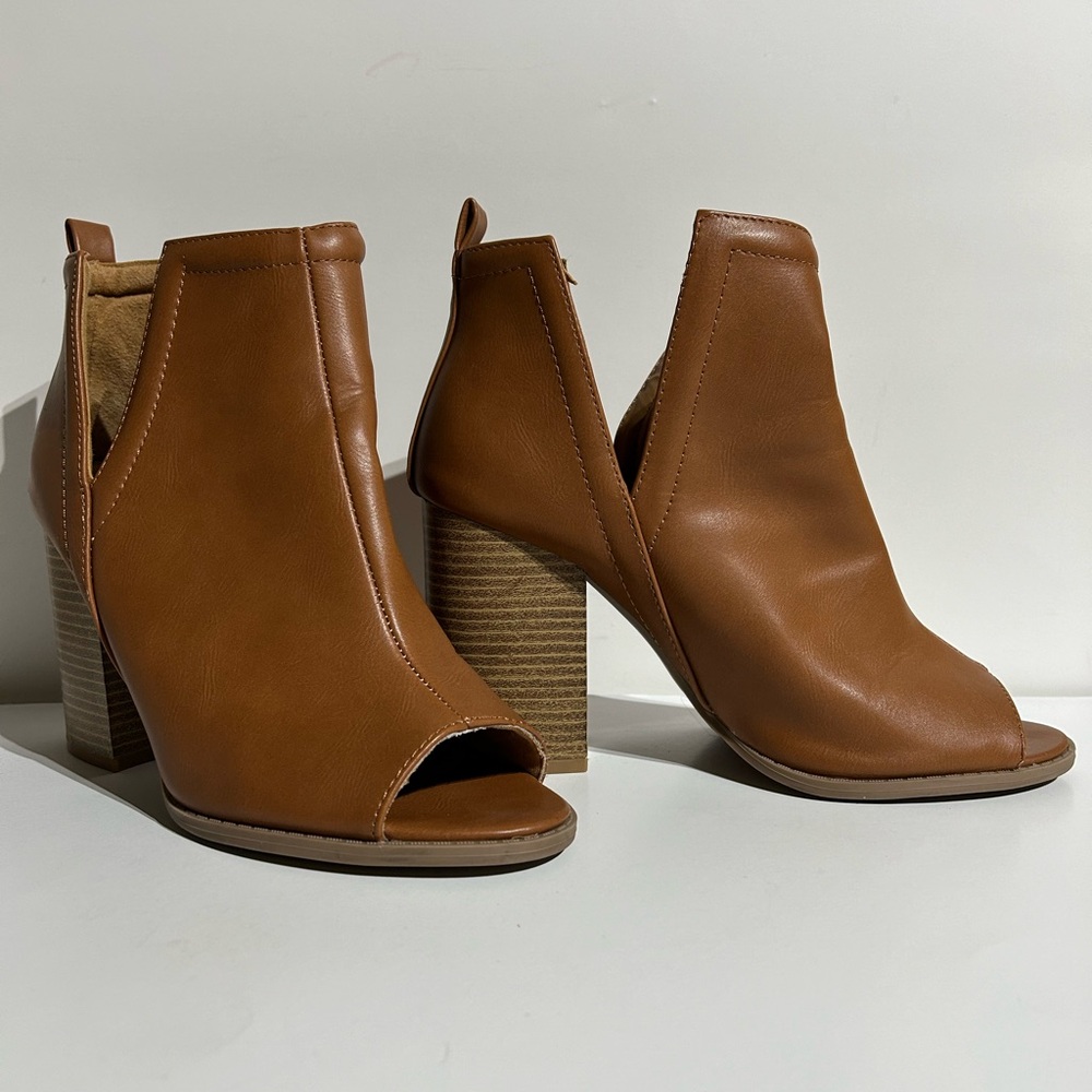 Pink Lily Ankle Boots Womens Size US 9 Leather Camel Brown Block Heel Open Toe